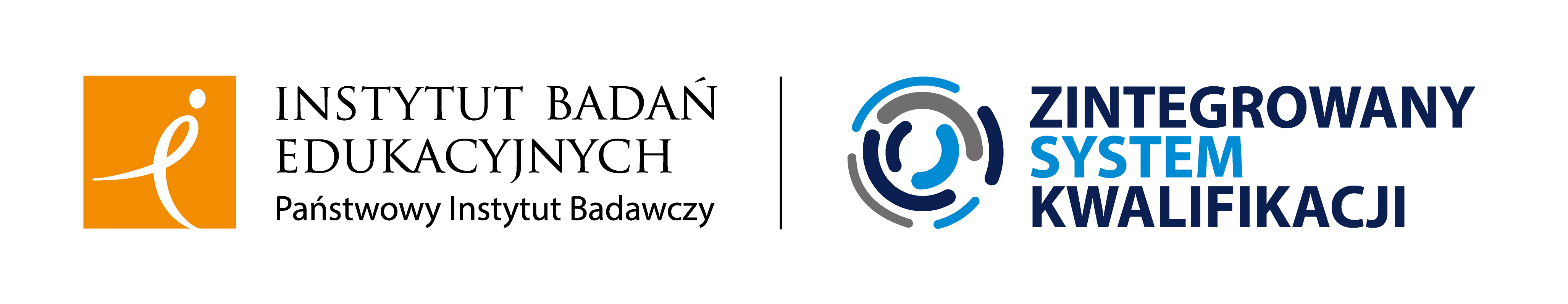 Po lewej stronie logotyp Instytutu Badań Edukacyjnych Państwowego Instytutu Badawczego, który tworzą: z lewej strony pomarańczowy kwadrat z wpisanym białym znakiem przypominającym litery „i”, „e” oraz ludzką postacią, z prawej pełna nazwa Instytutu.  Z prawej strony, oddzielony pionową kreską, umieszczony jest logotyp Zintegrowanego Systemu Kwalifikacji: graficzna soczewka utworzona z niebieskich, granatowych i szarych łuków, a obok pełna nazwa systemu zapisana w trzech wierszach.