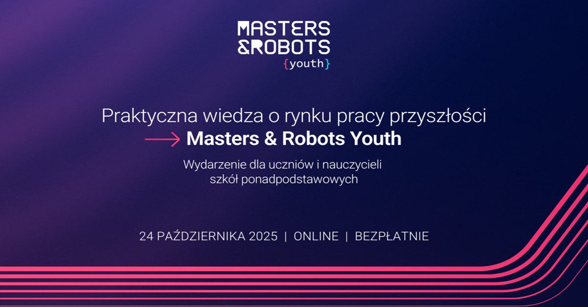 Grafika promująca wydarzenie Masters & Robots Youth – praktyczna wiedza o rynku pracy przyszłości. Konferencja online dla uczniów i nauczycieli szkół ponadpodstawowych, 24 października 2025, udział bezpłatny.