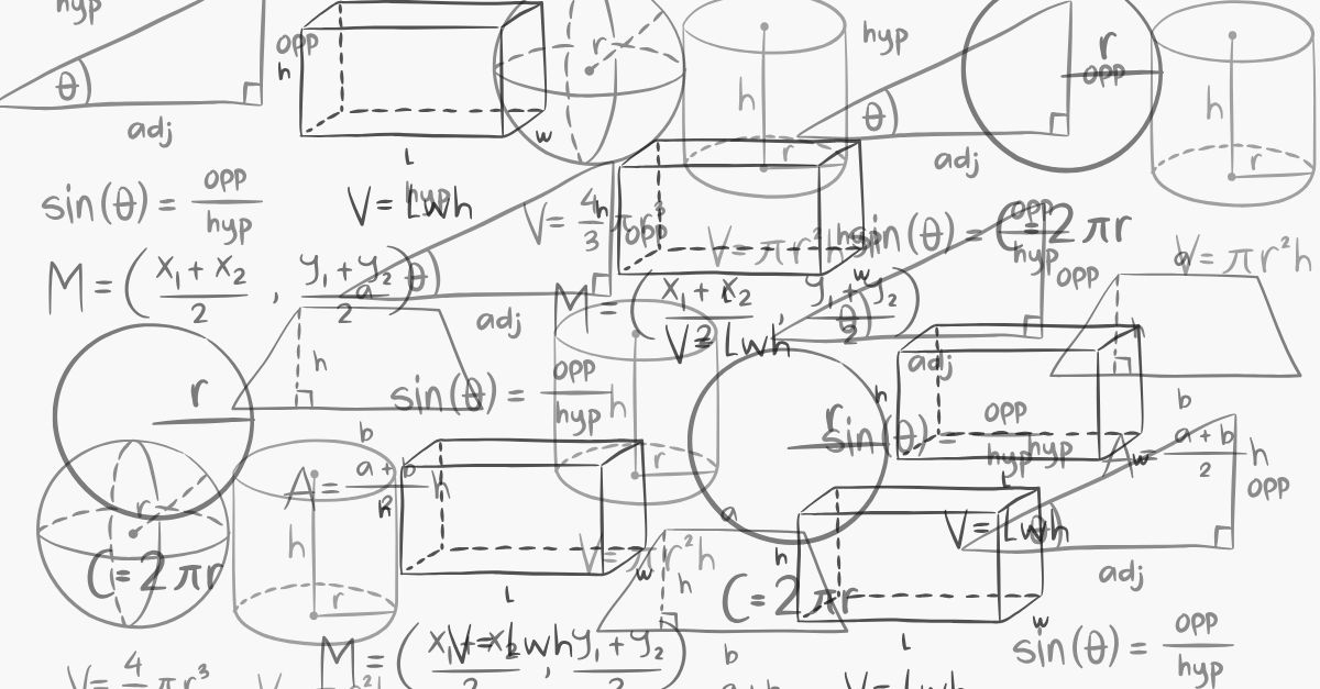 Schemat matematyczny z rysunkami brył geometrycznych, wykresami i wzorami, m.in. na objętość, pole powierzchni i funkcje trygonometryczne.