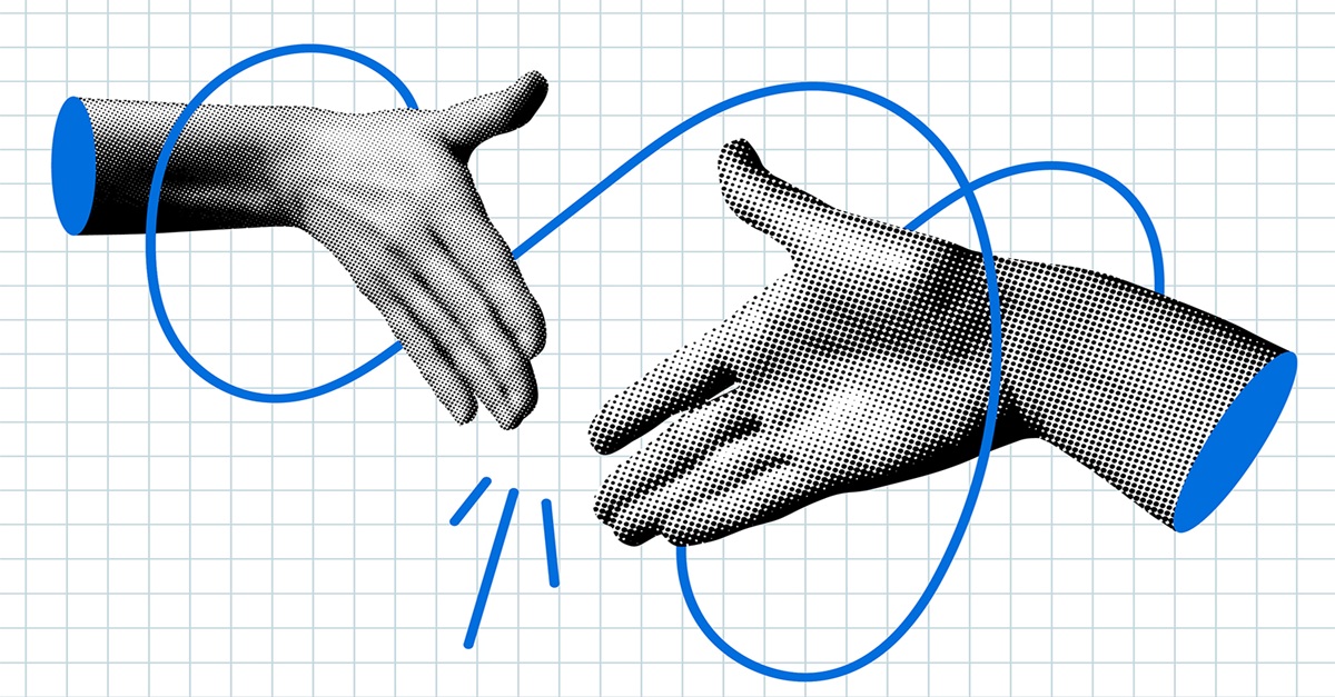 Ilustracja przedstawiająca dwie stylizowane dłonie w geście uścisku, narysowane techniką rastrową na tle siatki w kratkę. Dłonie są połączone niebieską, falującą linią symbolizującą współpracę lub budowanie zaufania