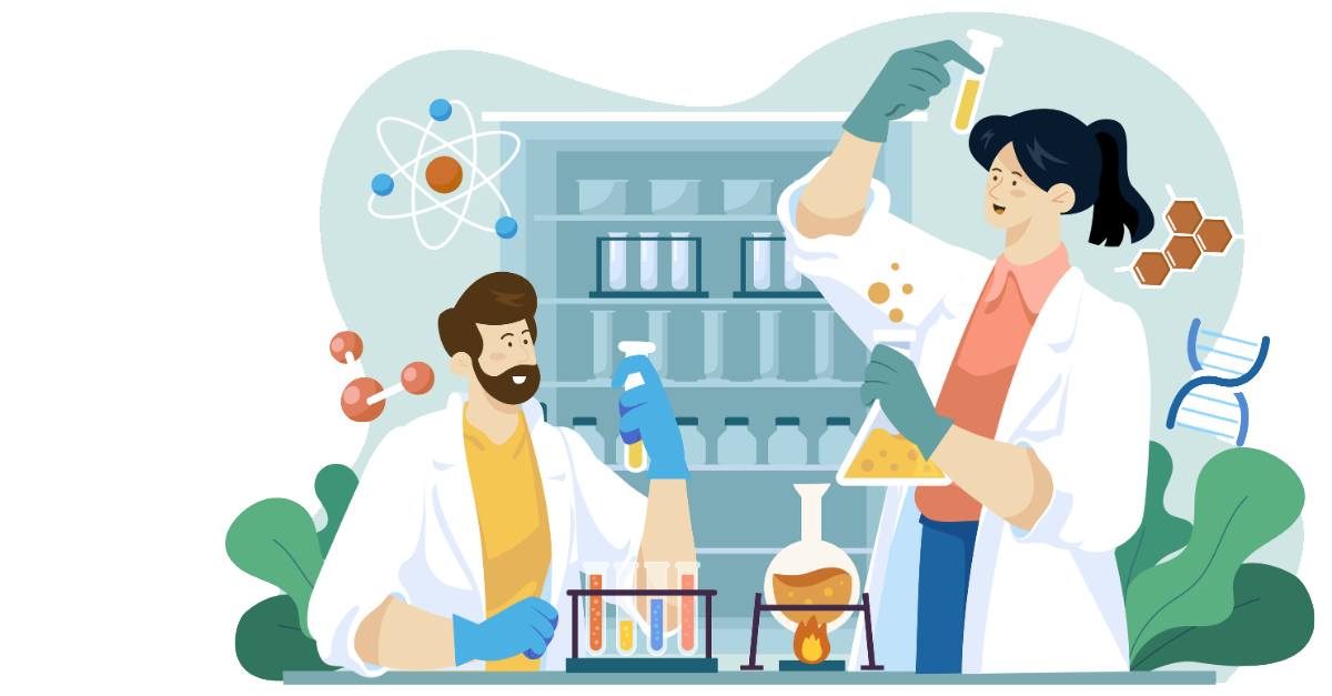 Baner cyklu seminariów z hasłem: Jak badania międzynarodowe mogą wspierać codzienną pracę nauczyciela?, ilustracja pięciu osób w kitlach rozmawiających i trzymających dokumenty oraz probówkę.