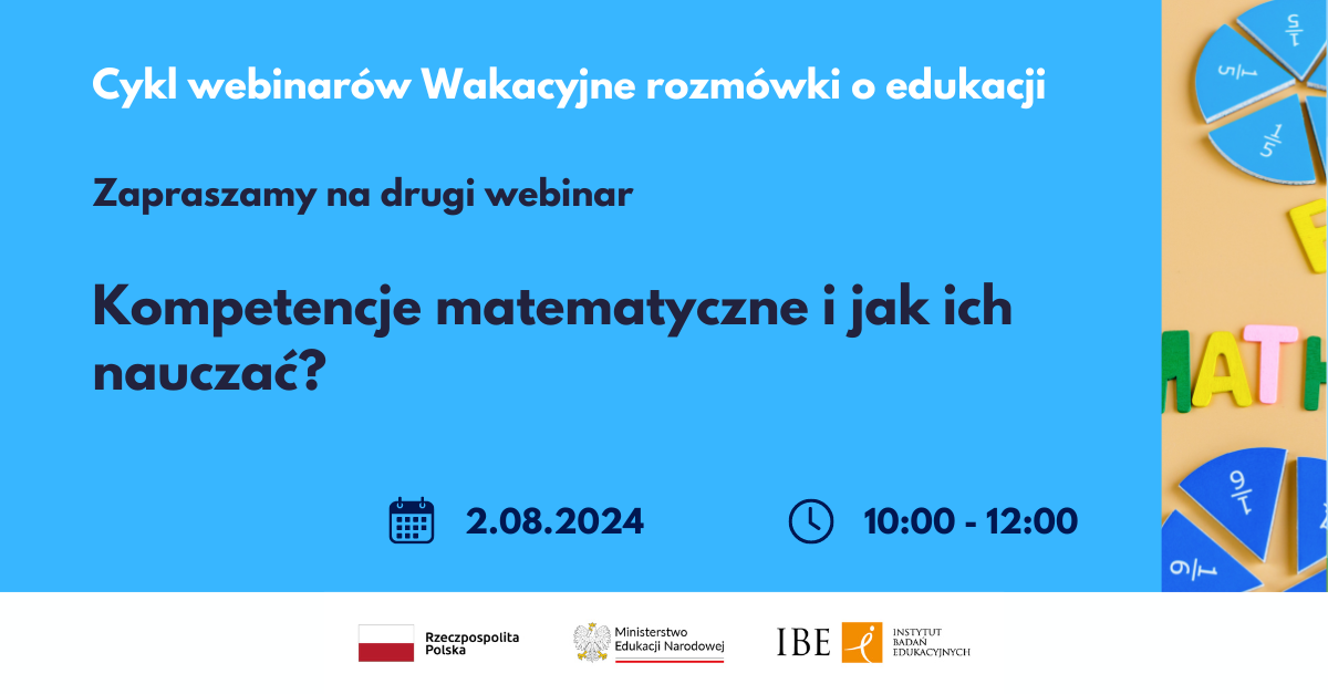 Grafika na niebieskim tle i tekst "Cykl webinarów. Wakacyjne rozmówki o edukacji"