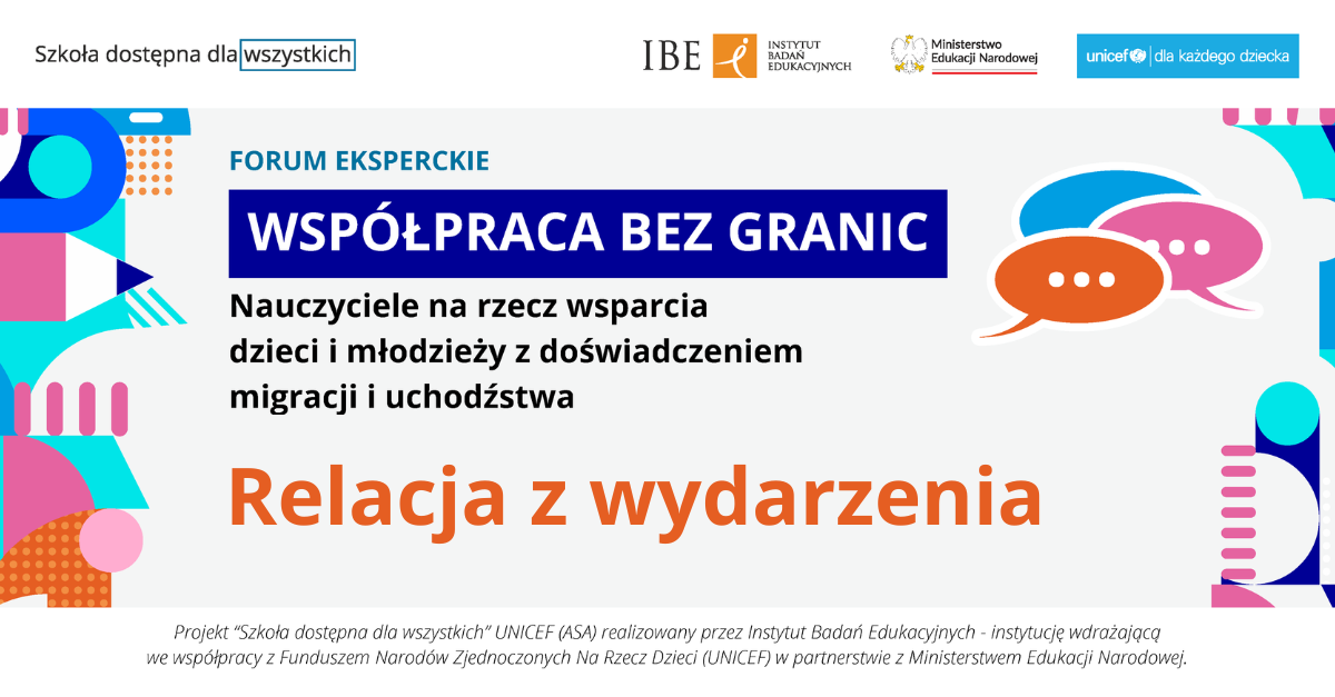 Grafika z kolorowymi elementami oraz tekst: Forum Eksperckie Współpraca bez granic. Relacja z wydarzenia