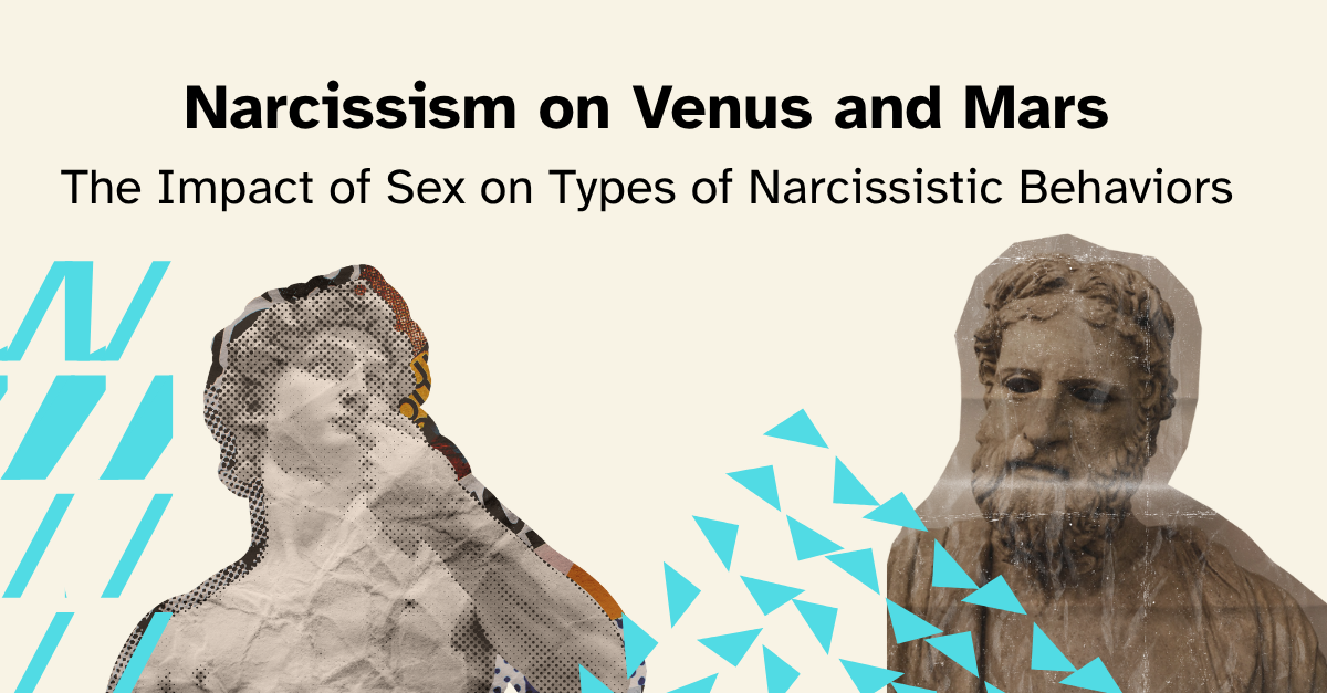 Slajd tytułowy prezentacji zatytułowanej „Narcissism on Venus and Mars: The Impact of Sex on Types of Narcissistic Behaviors”. Na jasnym tle umieszczony jest duży, pogrubiony tytuł, a poniżej podtytuł w cieńszej czcionce. Po lewej stronie znajduje się pop-artowy kolaż rzeźby klasycznej, przedstawiającej nagiego młodzieńca, a po prawej — postać brodatego mężczyzny przypominającego antycznego filozofa. Oba wizerunki stylizowane są na stare, zniszczone plakaty z geometrycznymi, niebieskimi elementami graficznymi.