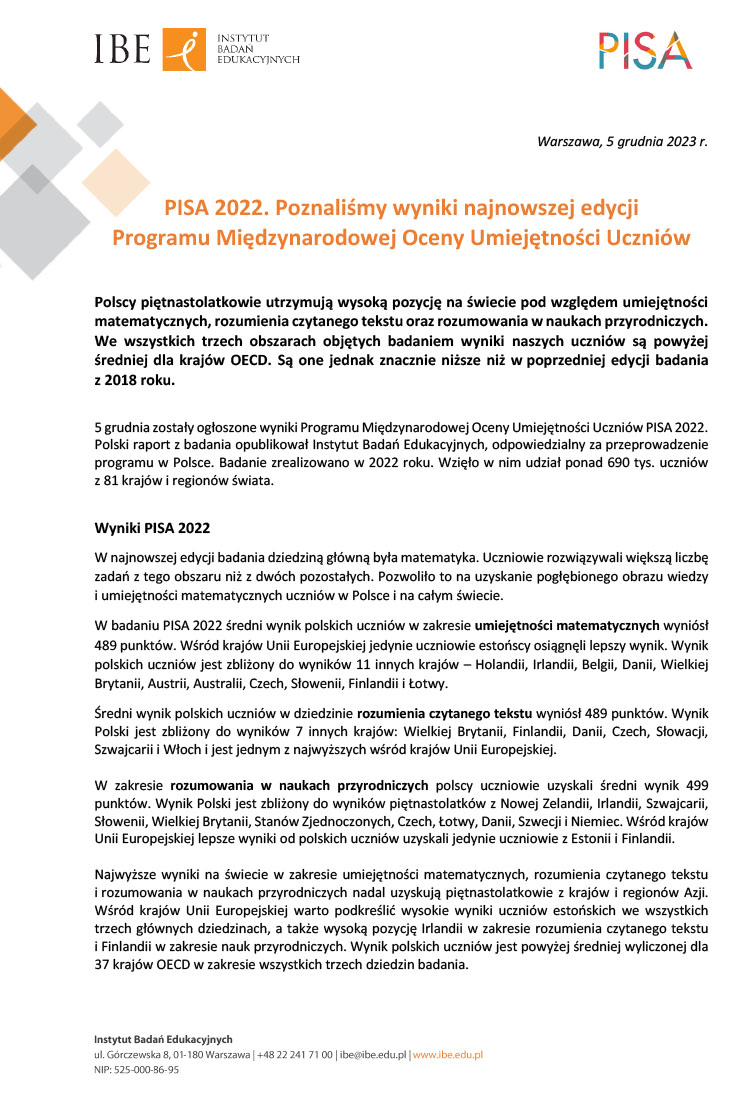 PISA 2018 wyniki raport